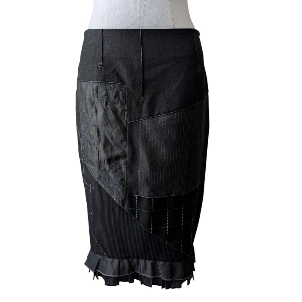 Garella Vintage Wool Blend Skirt Pinstripe Embroidered Patchwork Ruffle Trim